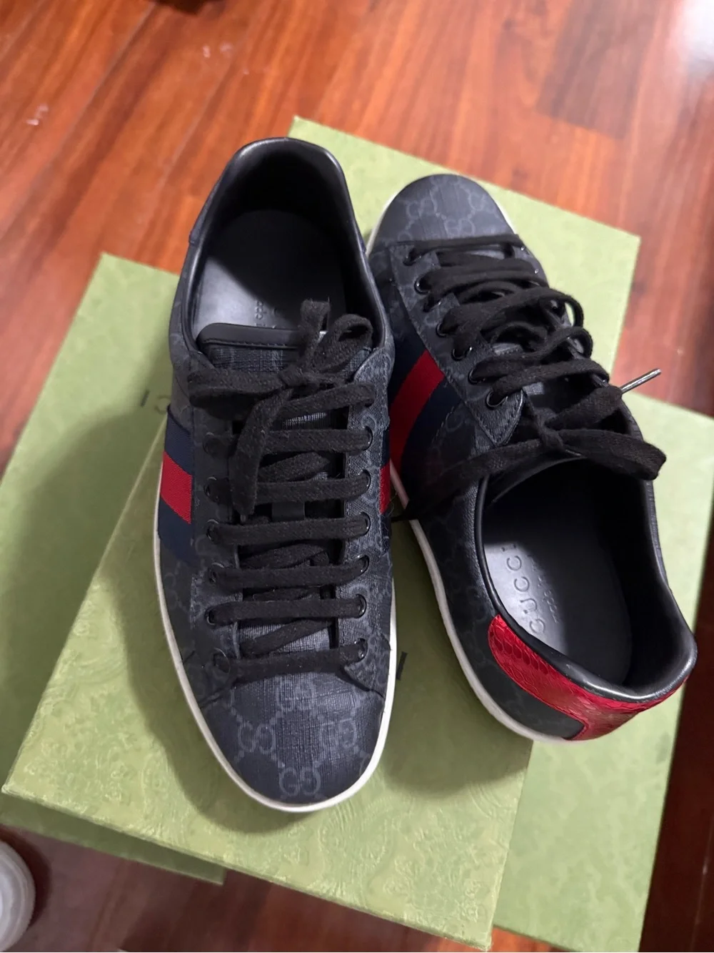 Gucci Black Sneakers with Red & Navy Web Stripe